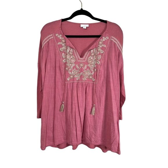 J Jill Floral Embroidery Top XL Pink Boho Western Feminine Hippie Tassel Classic - Picture 1 of 11